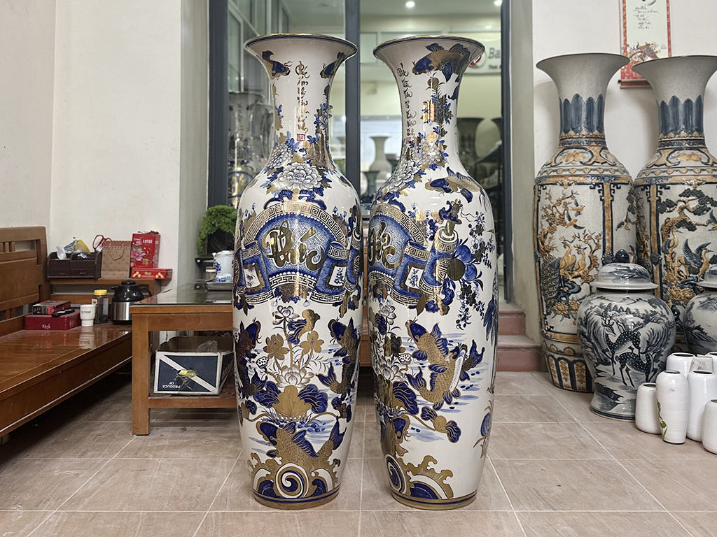 Lọ lộc bình Bát Tràng men lam Phúc Đức vẽ vàng nano 1m4 2